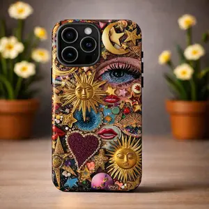 Luxury Celestial Sun Moon Eye Phone Case Gold Boho Spiritual Collage Aesthetic Mystical Protective Gift! iPhone 14 15 16 17 Pro Max