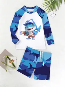 Boys' Shark Camo Swimwear Set, Cartoon Print Two-Piece, Casual Beach Swimming, Holiday Travel/pool Party, Summer Trendy Swimsuit, Swimwear Outfits
