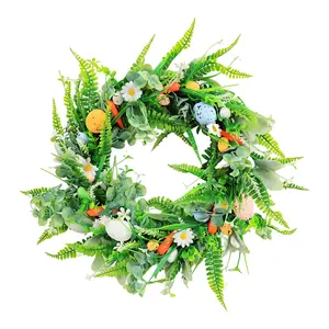 18 Inch Easter Egg Wreath, Artificial Floral Wreath with Flowers & Green Leaves, Spring Decor for Indoor Outdoor Front Door