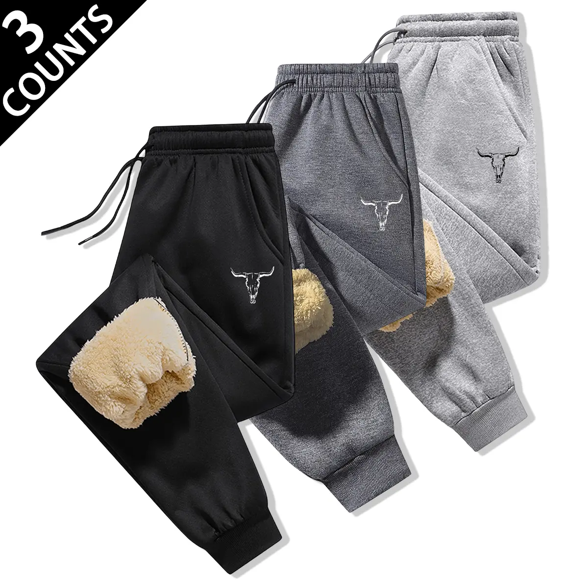 Men's Sherpa-Lined Thermal Sweatpants - 3-Count Bull Head Print Polyester Tapered Leg Elastic Cuff Jogger Pants, for Home Lounging & Winter Daily Casual Wear