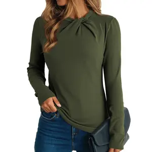 Dokotoo Womens Tops Business Casual Outfits Long Sleeve Shirts Mock Neck Twist Knot Slim Fit Soft Stretch Tees Blouses