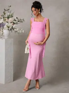 MISHELLA Maternity Mesh Ruffle Front Panel Double Layer Fish Tail Hem Open Slit Maxi Dress