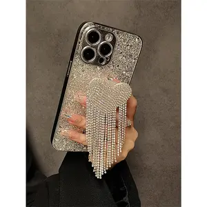 2000s Fashion Silver Y2k Luxurious Electroplated Glitter & Rhinestone Heart Tassel Phone Case Compatible With IPhone 14 Pro Max/14 Pro/14, IPhone 15 Pro Max/15 Pro/15, IPhone 13 Pro Max/13 Pro, Niche Design, Anti-Fall 11/12 Cartoon Style