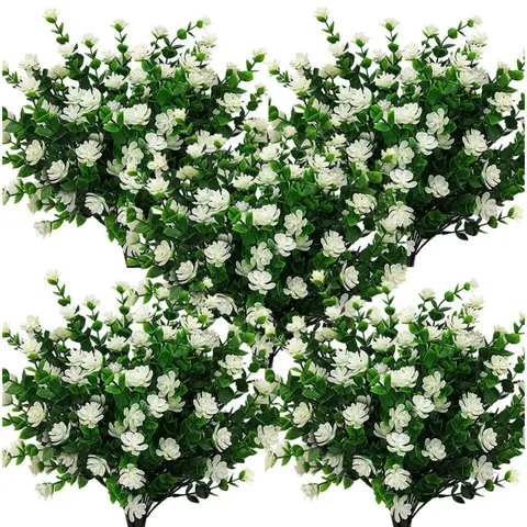 10 Bundles UV-Resistant Eco-Friendly Plastic Faux Boxwood Artificial Flowers, 13.39" Long Decorative Pieces with 7 Flexible Stems, Outdoor Garden Decorations for Balconies, Office Decor (Natural-Look Accent)