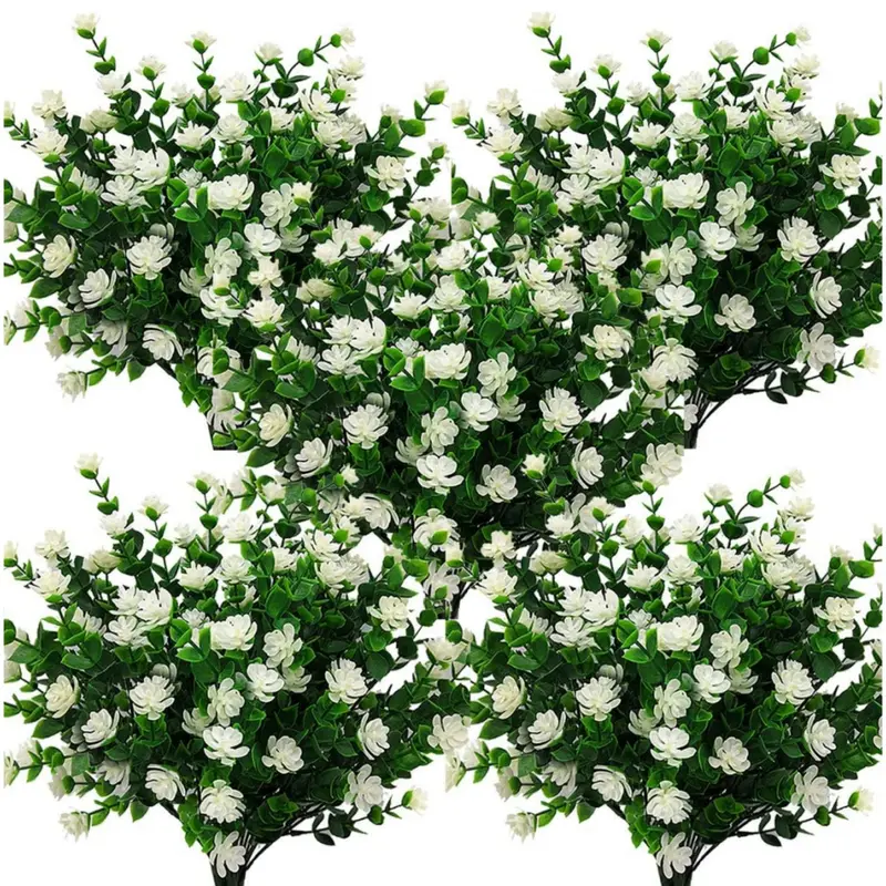 10 Bundles UV-Resistant Eco-Friendly Plastic Faux Boxwood Artificial Flowers, 13.39" Long Decorative Pieces with 7 Flexible Stems, Outdoor Garden Decorations for Balconies, Office Decor (Natural-Look Accent)