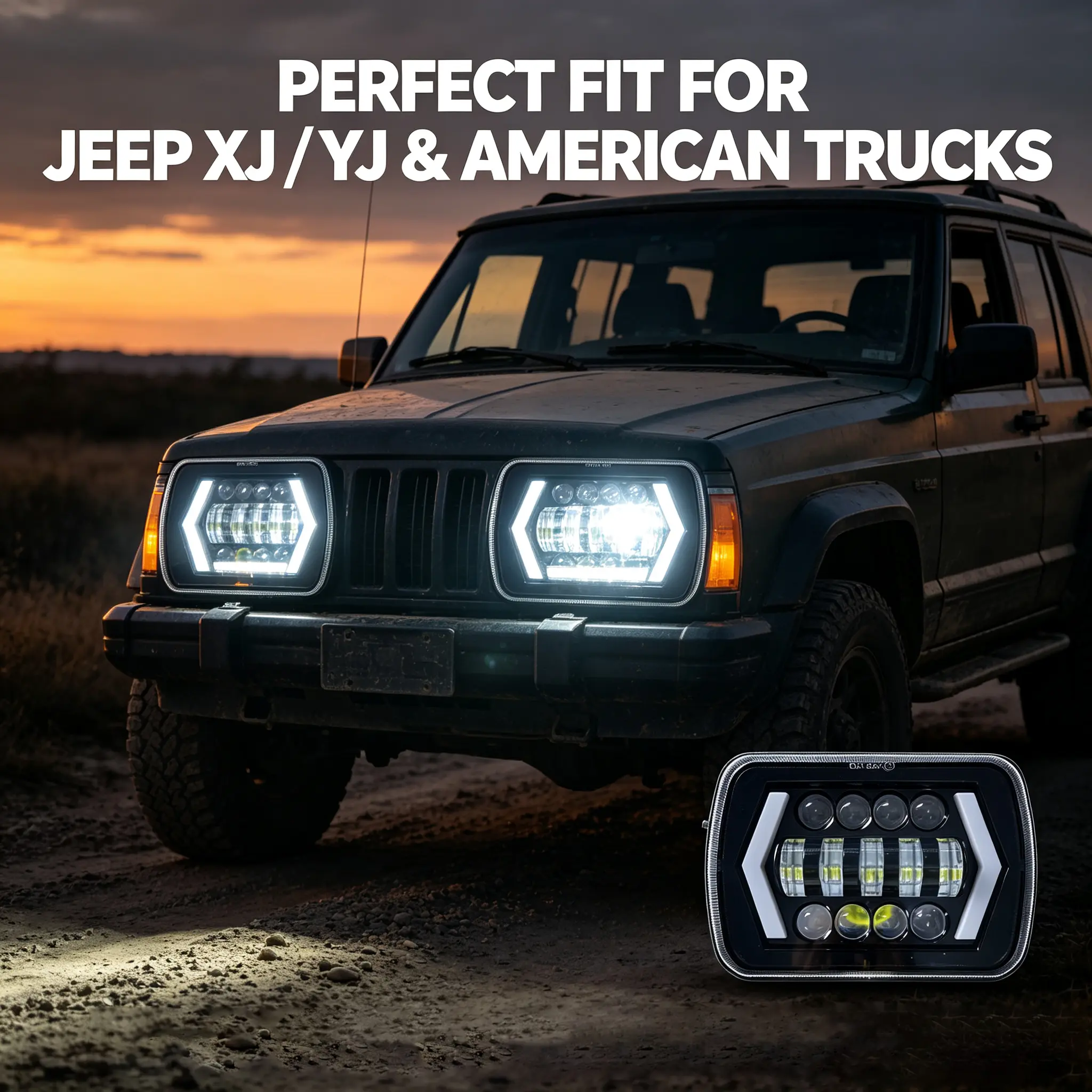 Aluminum 5x7/7x6 Inch Rectangular LED Headlights, Arrow Shape Angel Eyes DRL Amber Turn Signal Sealed Beam Headlamp, IP68 Plug-and-Play Replacement for H6054/H5054/H6054LL/69822, Compatible with Jeep Cherokee XJ Wrangler YJ, GMC & Chevrolet Trucks