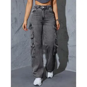 2025 spring outfits [Street Style] Women's High-Waist Multi-Pocket Cargo Jeans, Dark Gray Washed Straight Leg Denim, Stretchy and Loose Fit Casual Style, Side Pockets for Casual Attire Pants Womenswear Bottom Trouser(gift)