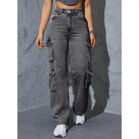2025 spring outfits [Street Style] Women's High-Waist Multi-Pocket Cargo Jeans, Dark Gray Washed Straight Leg Denim, Stretchy and Loose Fit Casual Style, Side Pockets for Casual Attire Pants Womenswear Bottom Trouser(gift)