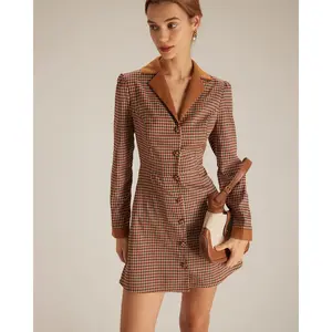 The Brown Plaid Spliced Suede Mini Dress