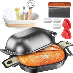 7.5QT Black Multi-functional Cast Iron Dutch Oven Pot with Lid for Bread Baking, Comes with Banneton Bread Proofing Basket and Baking Supplies, Cast Iron Bread Pan