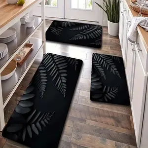 2pcs/3pcs Flannel Kitchen Mat Set, Base with Fern Pattern, Non-Slip, Absorbent, Home Decor
