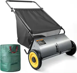 【2026 US Spring Glow Up】26" Push Lawn Sweeper with 7.5 cu. ft Mesh Collection Hopper Bag, 100L Leaf Bag, 4 Adjustable Height Spinning Brushes, Steel Frame & Rubber Wheels – Quick Cleaning for Leaves and Grass,Grey