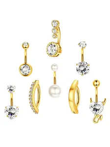 8 Pcs Golden Unique Belly Button Rings for Women Men Stylish Dangle Navel Piercings Premium Copper Teardrop Opal Sparkling CZ Practical Safe Clicker Design Lightweight Comfortable with Long-term Bright Luster Unisex Body Jewelry for Daily Wear and Gifting