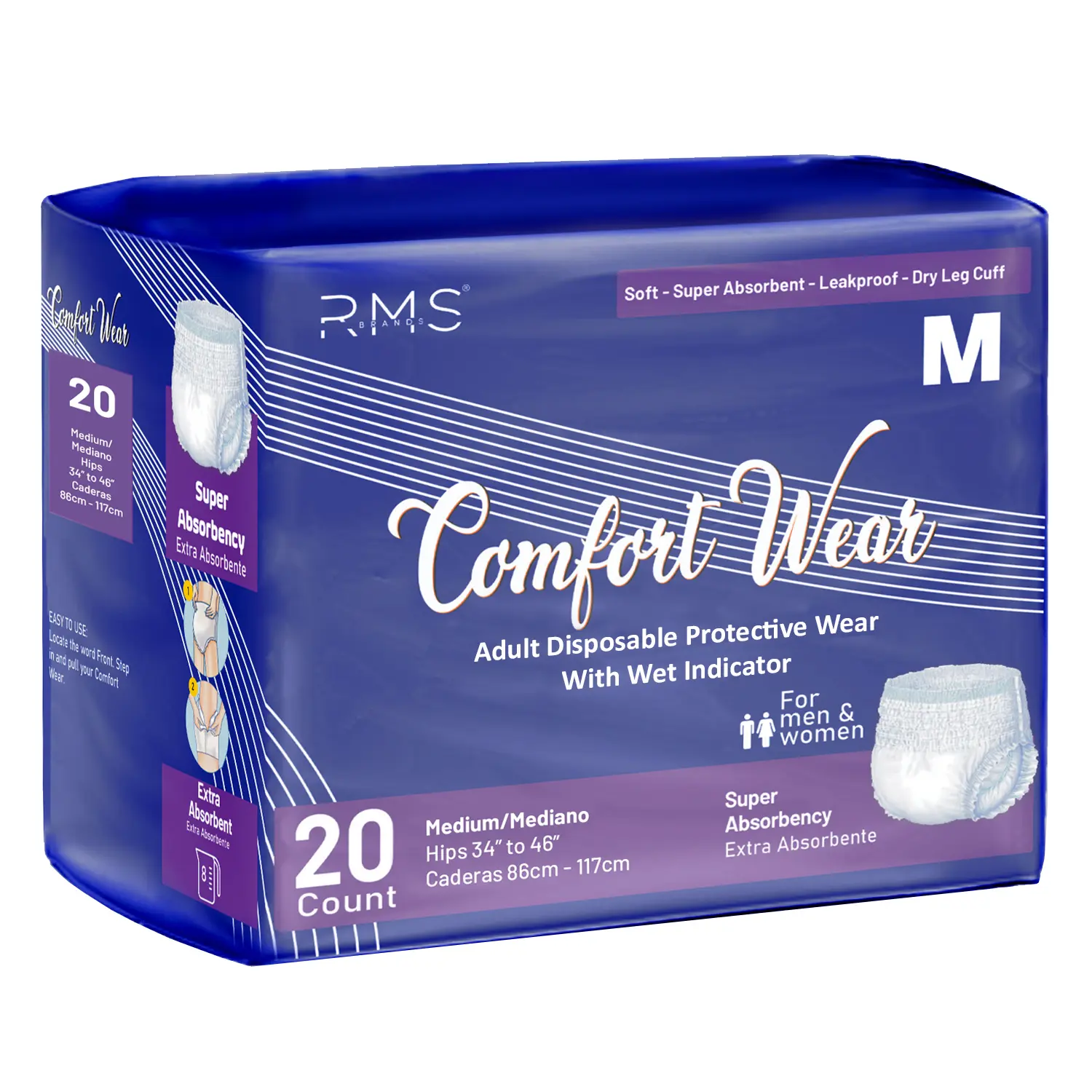 RMS BRANDS Unisex Adult Disposable Pull-Ups with Wetness Indicator - Soft, Sensitive, Leak-Proof Incontinence Pads & Night Diapers (Medium, 20 Count)