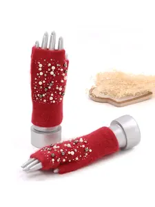 Winter Warm Knitted Gloves Fingerless Warm Gloves for Men and Women Half-Finger Rhinestone Pearl Gloves