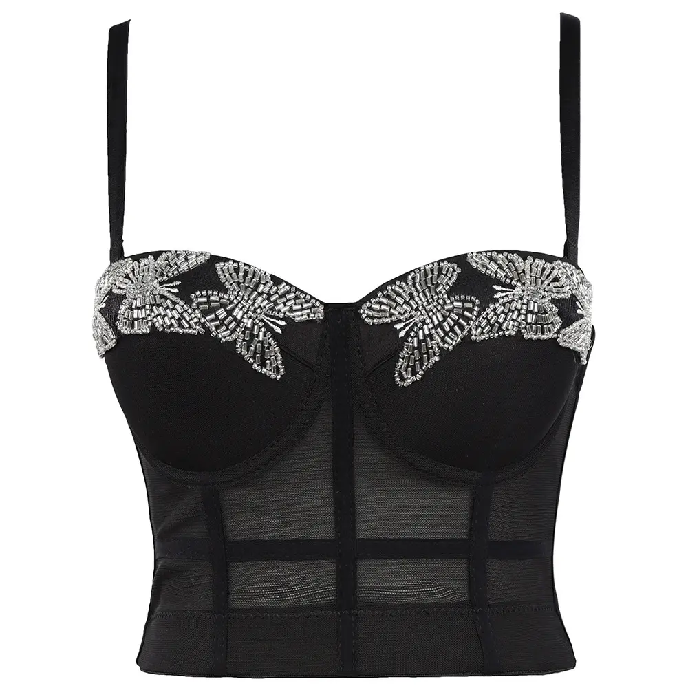 Women's Butterfly Corset Top - Sleeveless Fitted Mesh Crop Top with Rhinestone Embroidery for Parties