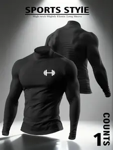 Men's Dumbbell Graphic Black Turtleneck Long Sleeve, Athletic Theme Streetwear, Trendy Outfit with Gym Print, Comfortable Stretchy Fabric, Versatile for Workouts, Errands & Hangouts, Ideal for Modern Fashion-Forward Wardrobes