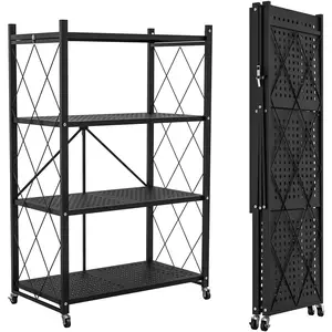 4-Tier Foldable Storage Shelf with Wheels - Metal Rack Collapsible Shelving Unit Display, Rolling Cart for Books Kitchen Storage Shelves, Pantry & Closet Organizer, Office Room Decor