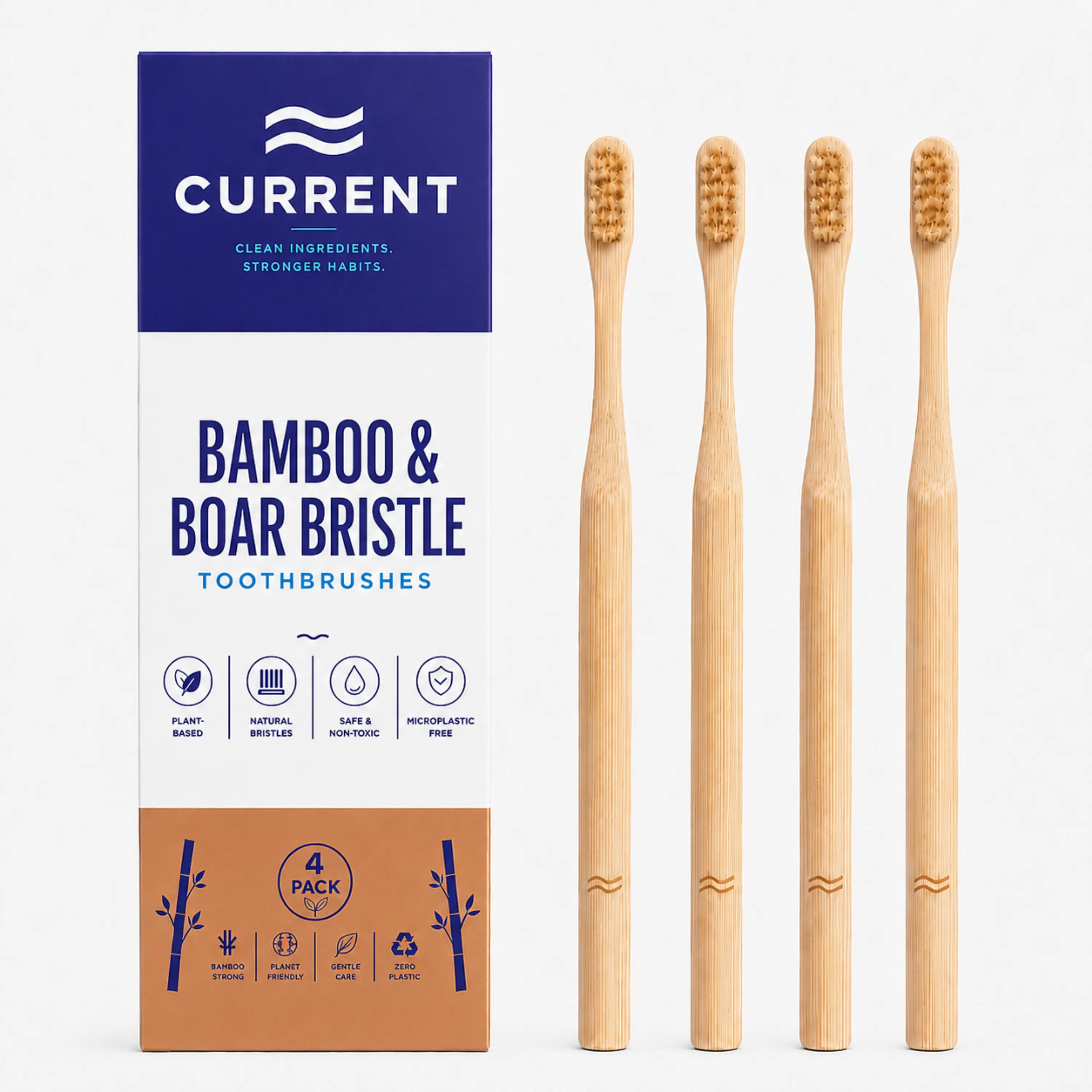 CURRENT Bamboo & Boar Bristle Toothbrushes (4-Pack)