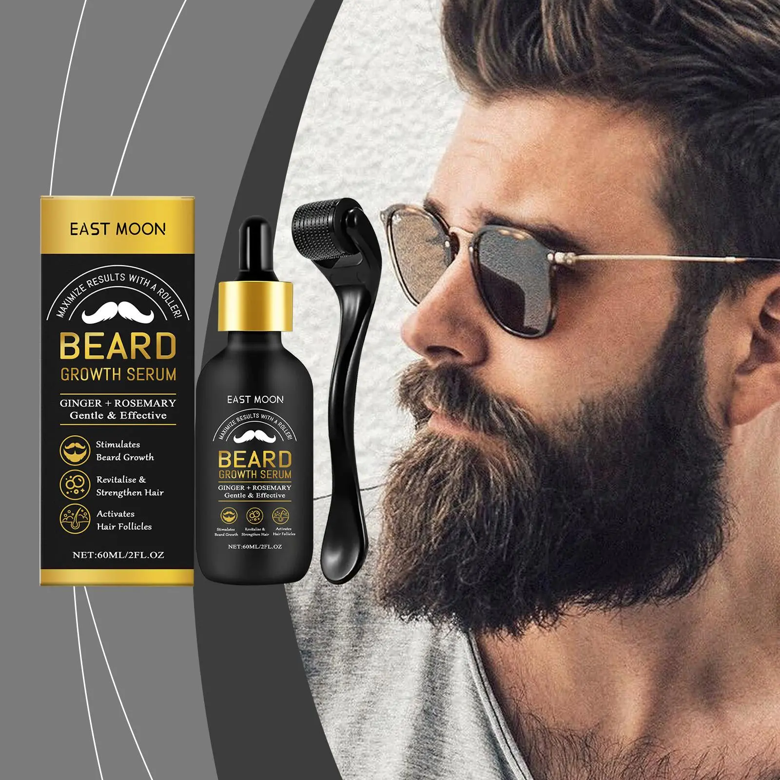 East Moon Beard Growth Serum - 60ml Men's Natural Grooming Hair Care with Collagen, Rosemary Oil, Ginger, Roller Applicator, Strong Thickening Moisturizing Cleansing Conditioning Unscented Gentle Formula