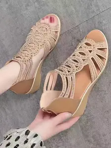 Summer 2026 New Round Toe Hollow Out Rhinestone Wedge Sandals, Fashion Large Size Casual Roman High Heel Shoes, Medium Width
