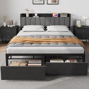 Garvee - Queen Size Bed Frame with Storage Headboard, Black Queen Platform Bed with 2 Large Drawers and Charging Station, Industrial Bed Frame No Box Spring Needed
