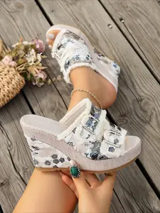 Bohemian Style Vintage Floral Print Fringe Wedge Slides, Summer Platform Thick-Sole Buckle Open-Toe Height Boost Sandals