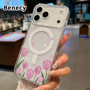 Clear Magnetic Case for iPhone 17 16  Pro Max Plus 15 14 13 12 11 Air E Tulip Bow Dream  Pattern Acrylic Hard Back Soft Silicone Edge Bumper Sockproof Cover