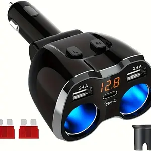 120W Car Charger Cigarette Lighter Adapter Two-Way Switch 12V/24V Car Power Socket with Double 2.4A USB Adapter and Type C Interface