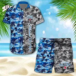 Michelob Ultra Hawaiian Shirt Shorts Set Men Women Blue Gray Palm Tree Aloha Matching Outfit Summer Beach Sunbathing Party BBQ Casual Loose Comfortable Tropical USA