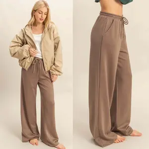 Suzy Flowy Knit Drawstring Pants | Women's Long Comfy Wide-Leg Casual Bottoms | Brown | Fall Fashion
