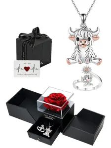 Highland Cow Vintage Jewelry Set with Eternal Rose Box, Silver Color Pendant Necklace, Adjustable Ring, Cute Animal Gift for Mom, Girlfriend, Wife
