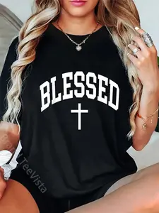Men's 100% Cotton Blessed Cross Graphic T-Shirt, Vintage Christian Faith Short-Sleeve Everyday Streetwear Casual Round Neck Top