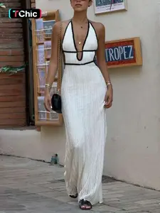 Women's Colorblock Halter Neck Backless Knit Dress, Tie Back Sleeveless Long Dress for Party Holiday Vacation, Ladies Summer Clothes, Halter Strap Dress, Elegant Backless Dress