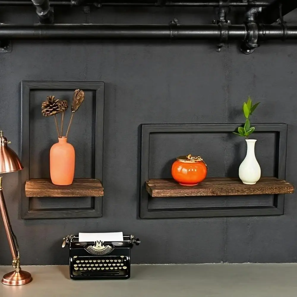 2pcs Wooden Square Wall Shelves, Vintage Display Racks for Photos, Candles, Flowers, Albums, Potted Plants, Living Room & Office Decor