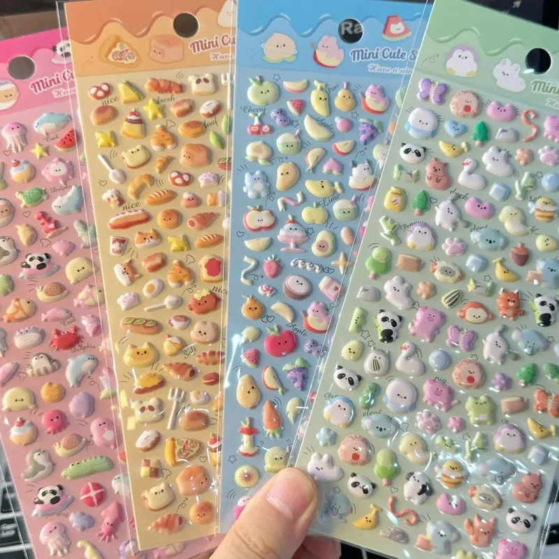 TOOUEE 4sheets(320pcs+) 3D Hollow Animal/Fruit/Ocean/Bread Theme PVC Raised Stickers Embossed Plastic Puffy Decals for Gifts Birthday Christmas Halloween, Adhesive for Scrapbook Scrapbooking Journaling DIY Crafts Decor Supplies Sticker Packs