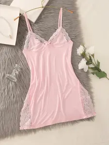 Women's Contrast Lace Cami Fitted Sleeveless Lady Nightdress, Adjustable Spaghetti Strap Backless Nightgown, Women's Sleepwear for All Seasons