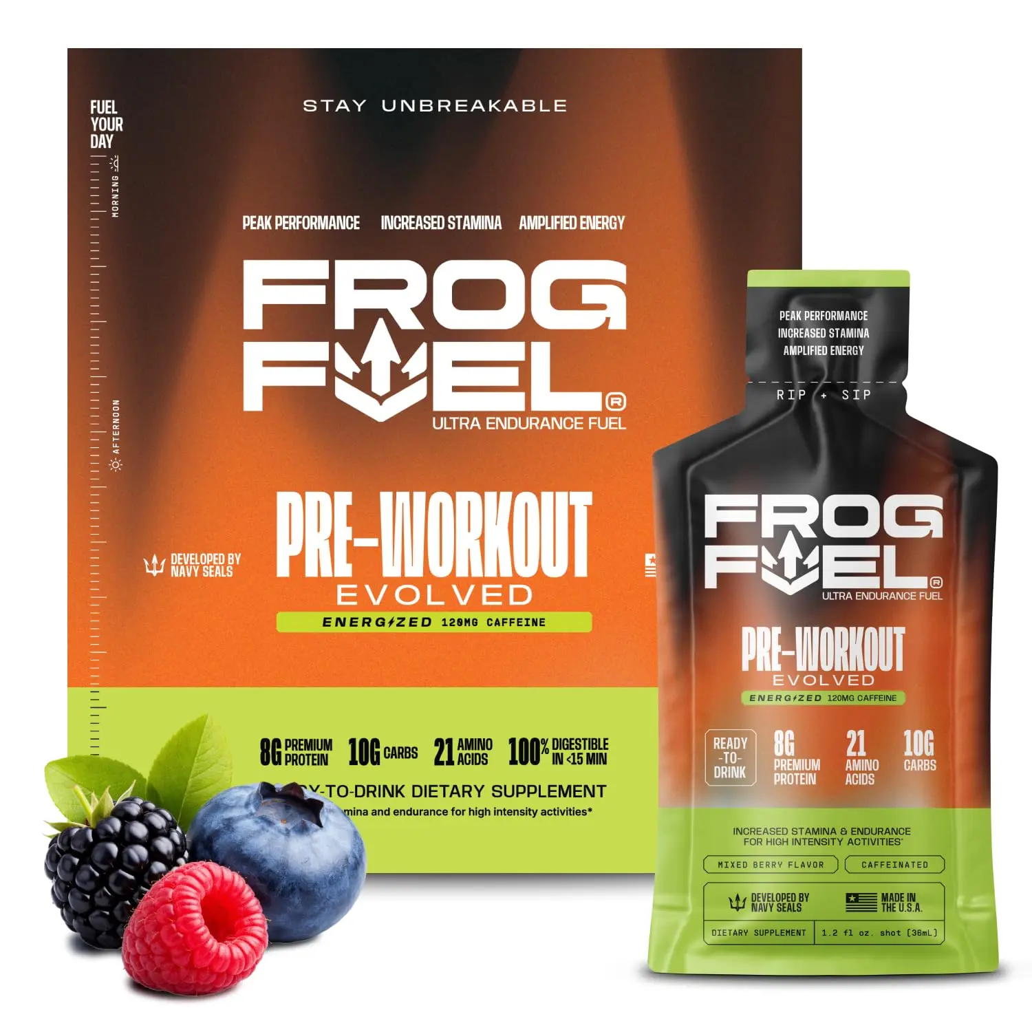 Frog Fuel Ultra Energy Gel & Pre Workout Shot, Berry, 120mg Caffeine, 1500mg Beta Alanine, Electrolytes & 8g Collagen Protein - 24 Pack
