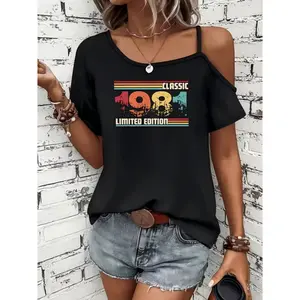 Womens Asymmetrical One Shoulder Cold Shoulder Strap Short Sleeve Tee Vintage Rainbow Classic 1981 Graphic Casual Loose Fit Summer Top