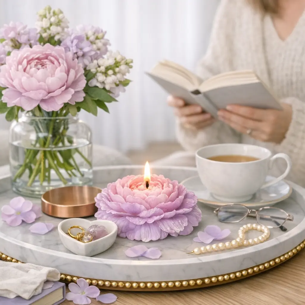 Elegant Floral Soft Pink Bowl Candle, Home Decor Candle Holder for Cozy Reading Sessions, Relaxing Moments