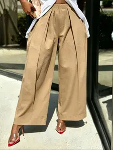 Women's Loose Solid Color Capri Pants, Summer Comfortable Breathable Fabric, Elastic Waist Cropped Pants with Pockets, Casual Minimalist Bottoms for Daily Wear, Womenswear
