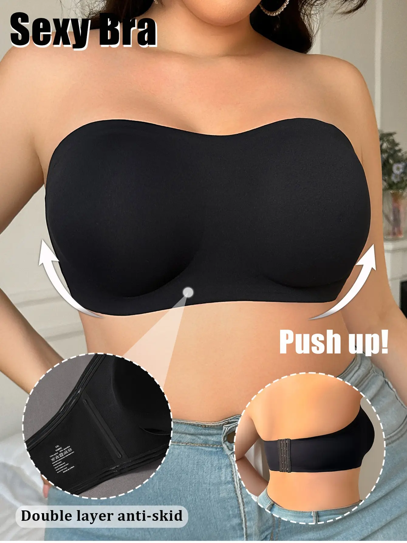 Women's Strapless Bandeau Bra - Plus Size, Non-Slip, Seamless, Wireless Support Bralette with No Padding for Daily Wear, Bras for Plus Size, No Padding Bras