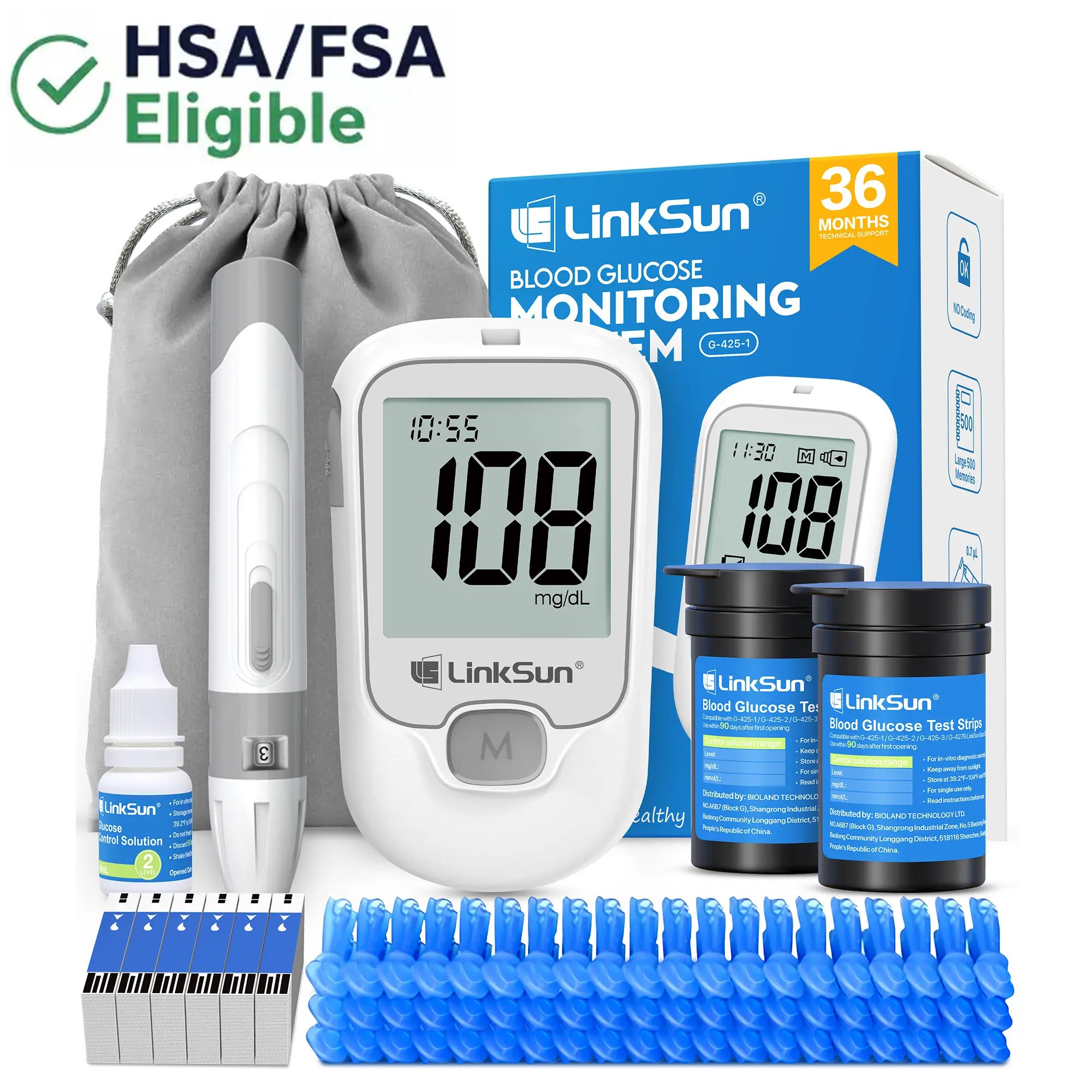 LINKSUN G-425-1 Blood Glucose Monitor Kit,ISO Certified,No Coding,Large Display,500 Memory,Control Solution,Lancing Device, 100/50 Test Strips & Lancets,Diabetes Testing Kit for Seniors homeessentials travelessentials sohochic HSA/FSA Eligible
