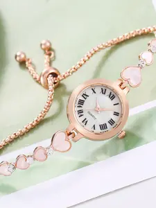 Women's Heart & Peach Design Bracelet Watch, Rhinestone Shell Small Dial, Adjustable Strap, Fashionable Wristwatch Jewelry, Exquisite Watch