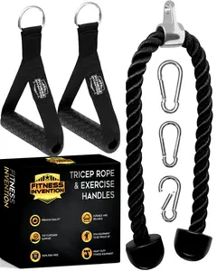 Fitness Invention Tricep Rope Cable Attachment 35" - Cable Machine Handles 2X - Carabiner Clips 3X - Cable Machine Attachment - Tricep Pull Down Rope for Gym