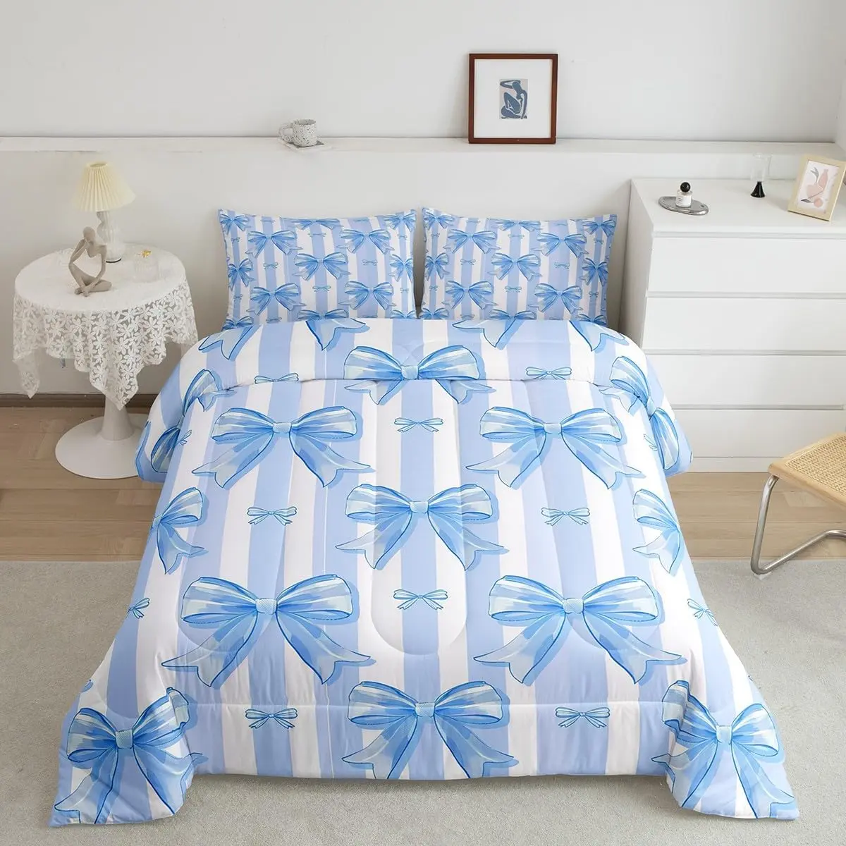Feelyou Bowknot Design Household Bedding Set - Digital Printed Breathable Microfiber Princess Kids Bedding Set, Twin/Full Sizes with Pillow, Machine Washable, for Dormitory, Guest Room, Hawaii Bedroom Decor & Kids' Birthdays
