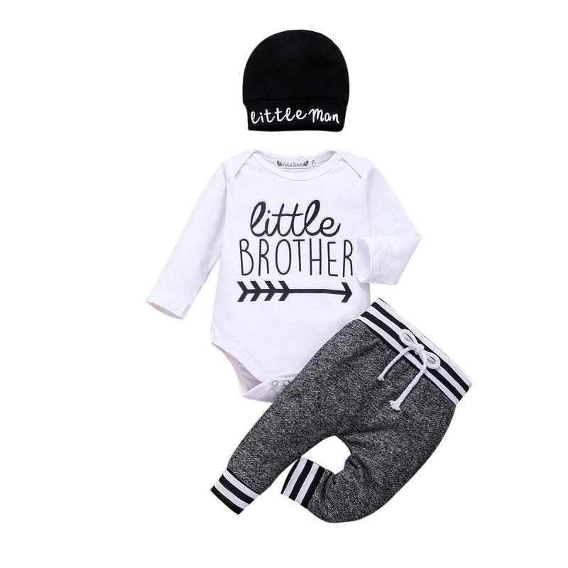 Baby Boys 3PCS Outfit Set, Long Sleeve Letter Pattern Envelope Neckline Romper, Long Straps Elastic Band Pants, Beanie Hat Set 0 3 6 12 24 Months