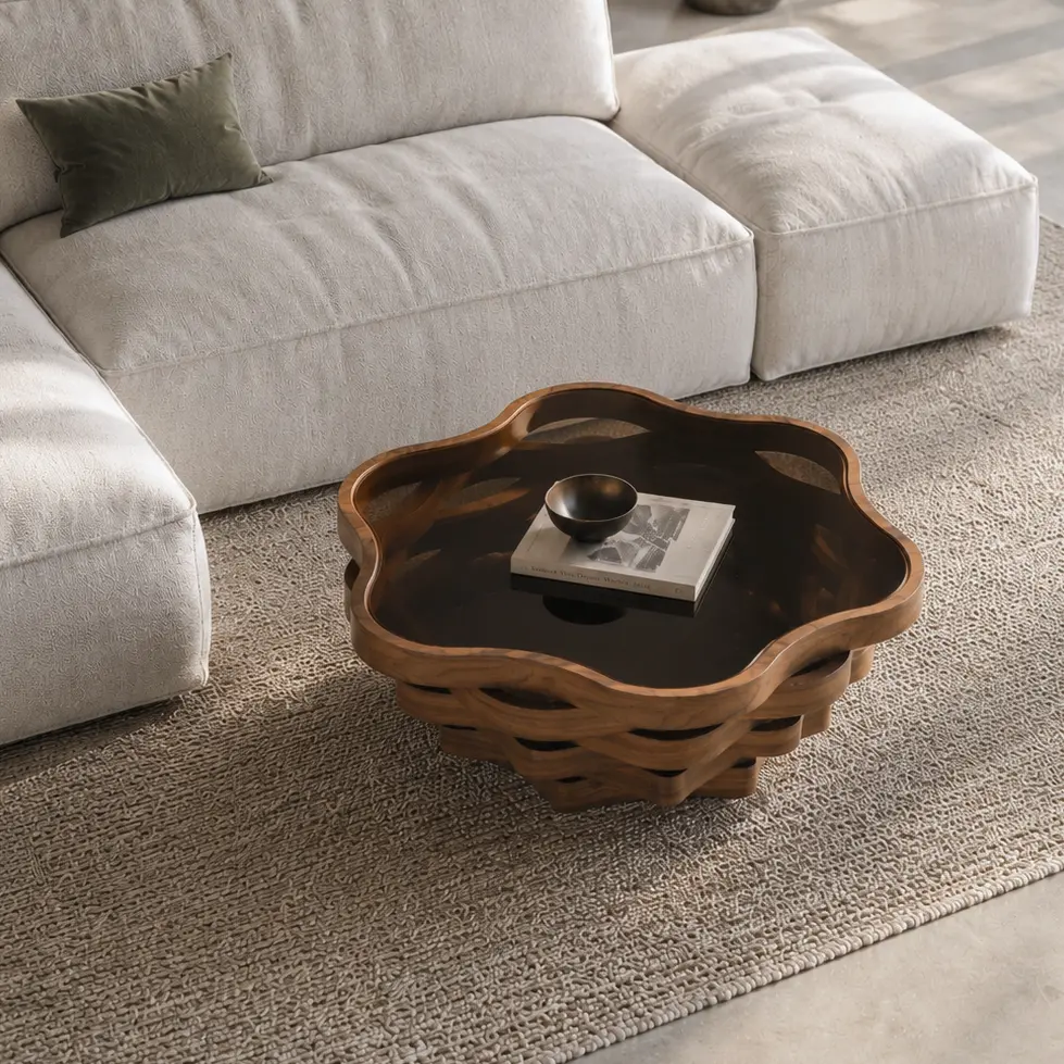 35.83" Unique Irregular Cloud Shaped Coffee Table with Tempered Glass Top, Multi-Layer Wave MDF Base Modern Artistic Cocktail Table for Living Room & Apartment