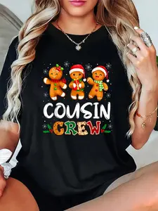 Women's Cute Short-Sleeve Cousin Crew Christmas T-Shirt - Unisex 100% Cotton Soft Breathable Relaxed Fit Gingerbread Man Print Holiday Pajama Top for Everyday Love