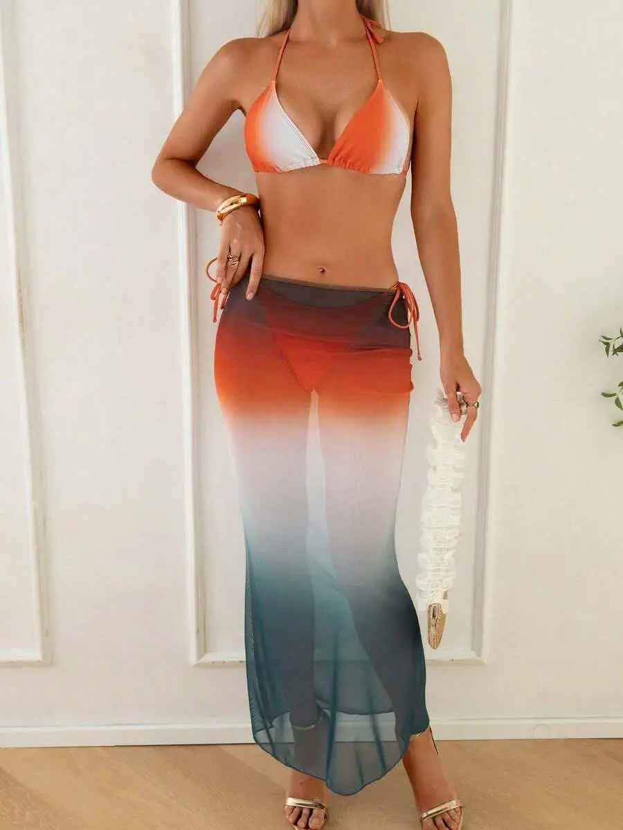 2026 New Orange White Ombre Triangle Bikini + Mesh Ombre Maxi Skirt 3 Piece Set Beach Swimwear